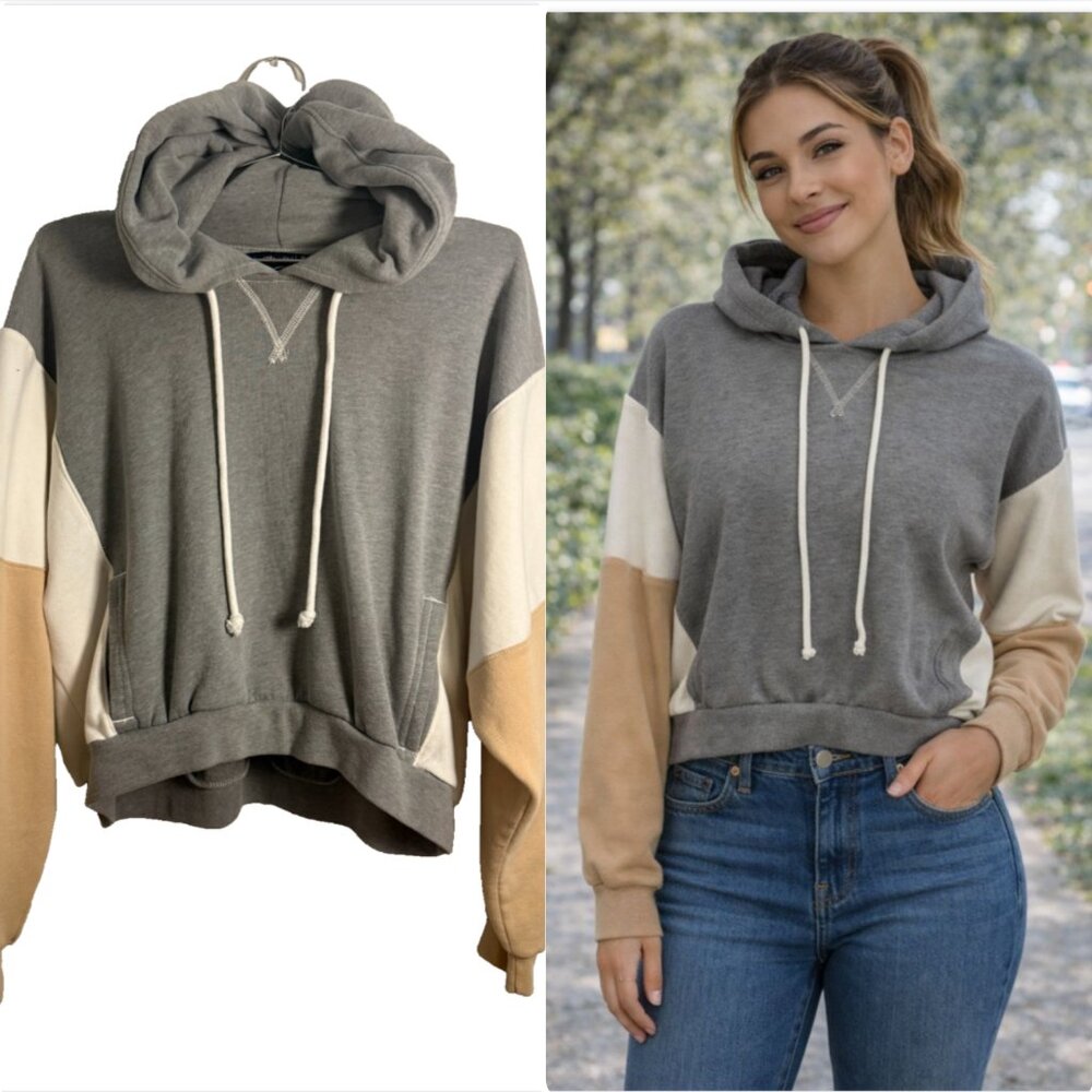 Abercrombie & Fitch Color Block Hoodie Sweatshirt Soft A&F Neutral Grey Tan Crop